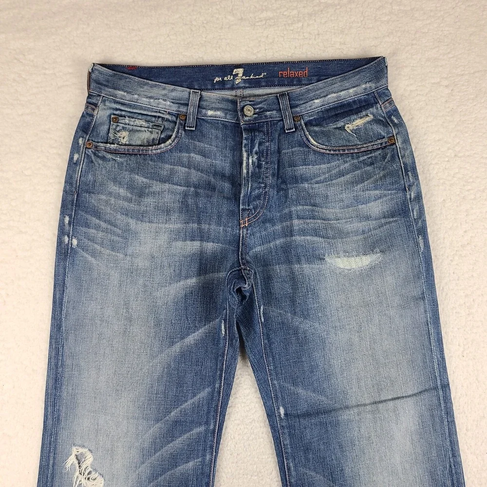 7 For‎ All Mankind Jeans Mens 33x28 Blue Relaxed Fit Button Fly Denim HEMMED